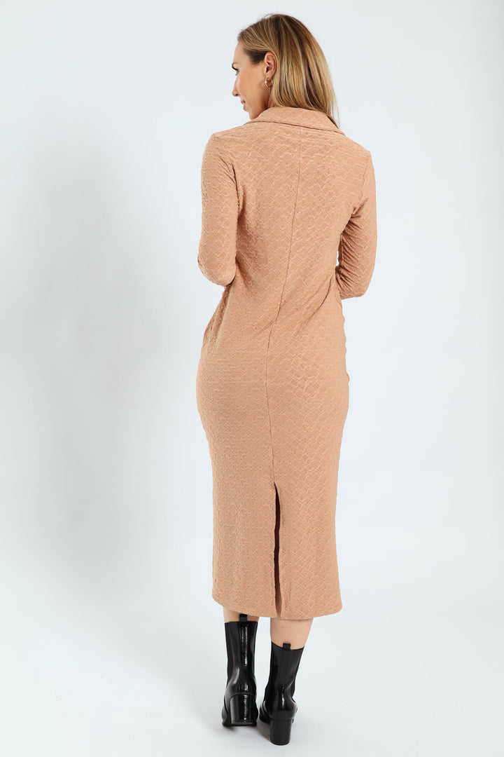 Johnny Collar Pebble Knit Column Midaxi Dress - Brown