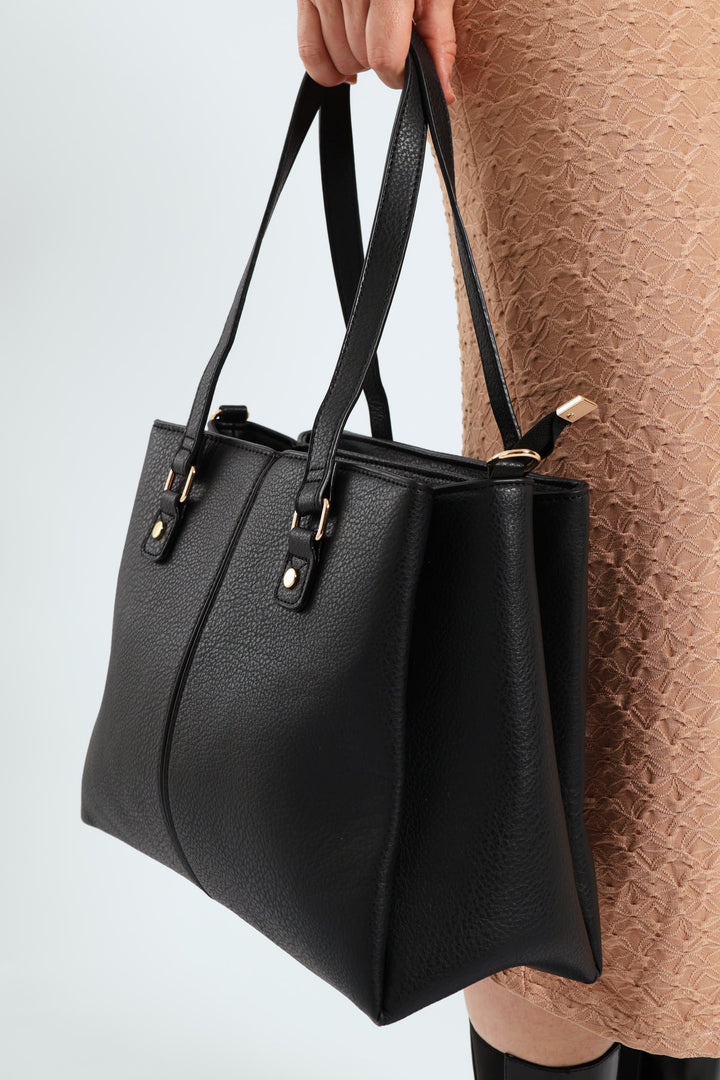 Contrast Text Tote Bag - Black