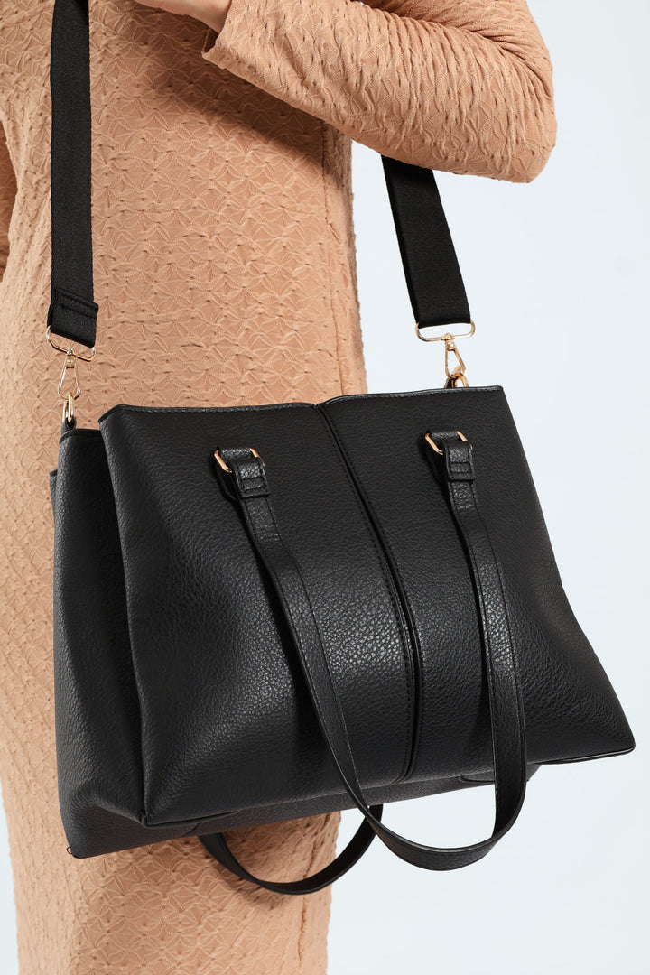 Contrast Text Tote Bag - Black