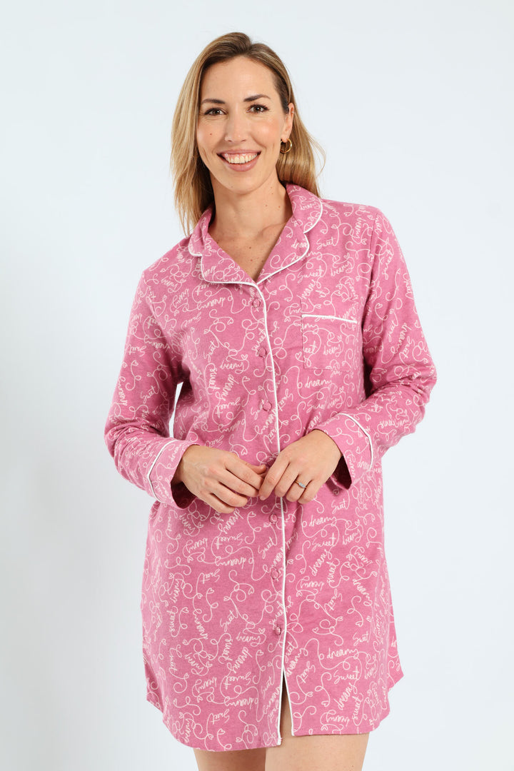 Long Sleeve Button Through Flannel Scribbles Sleepshirt - Pink