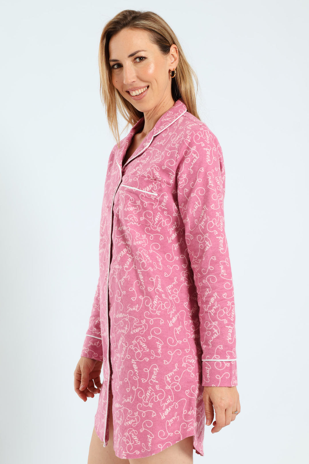 Long Sleeve Button Through Flannel Scribbles Sleepshirt - Pink