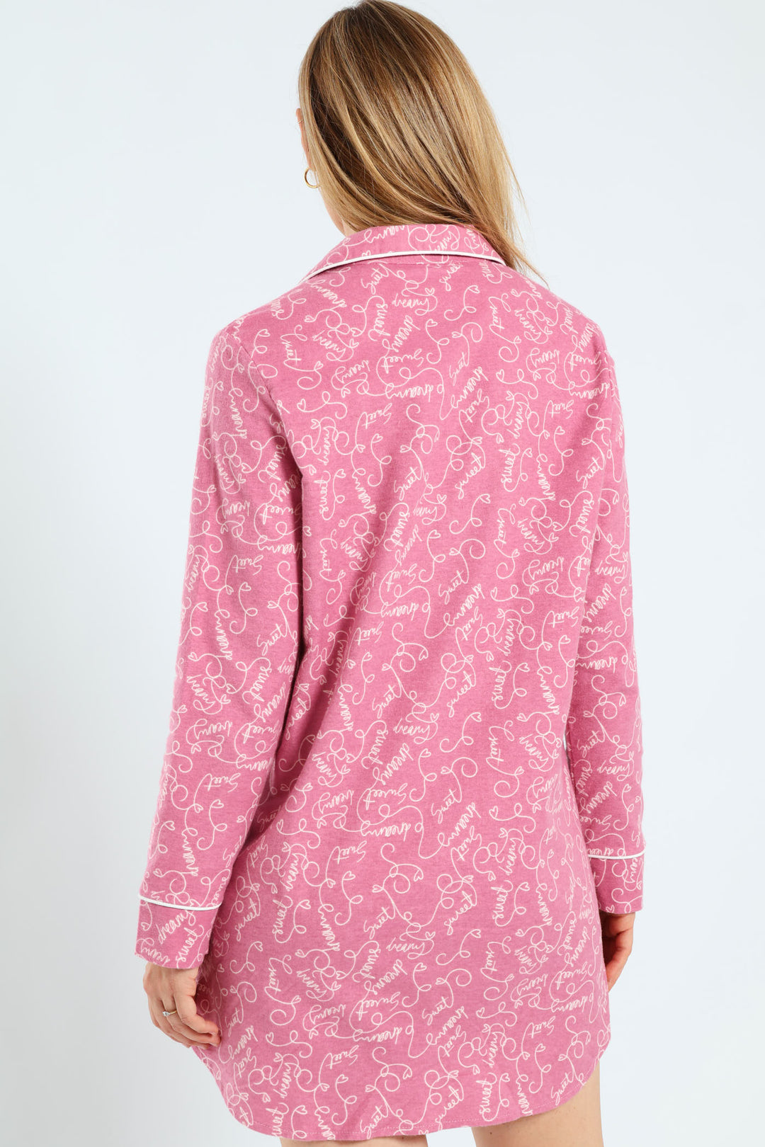 Long Sleeve Button Through Flannel Scribbles Sleepshirt - Pink