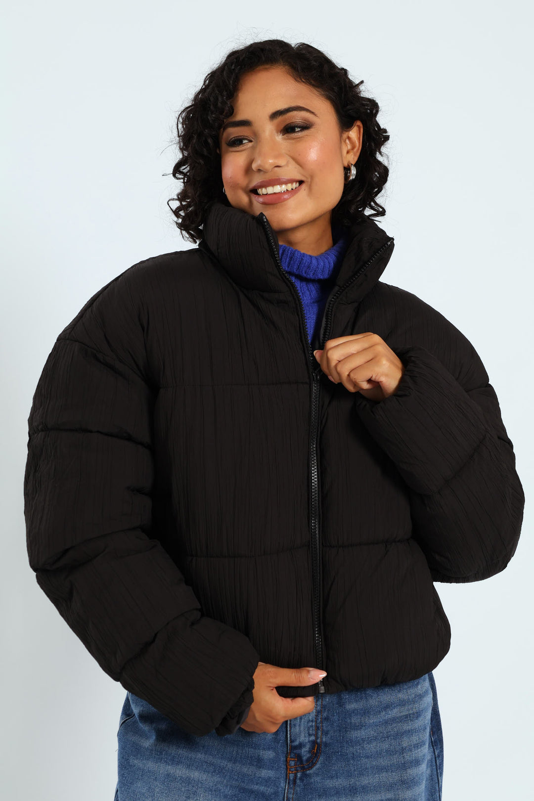 Crinkle Puffer Jacket - Black