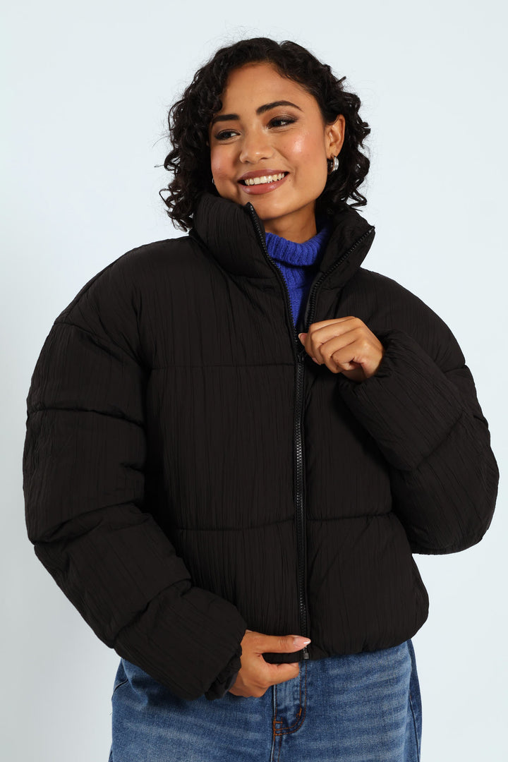 Crinkle Puffer Jacket - Black