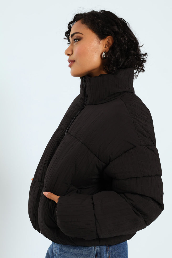 Crinkle Puffer Jacket - Black