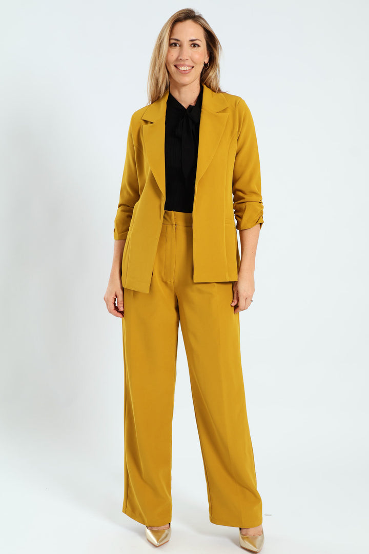 Notch Collar Gauged Sleeve Blazer - Mustard