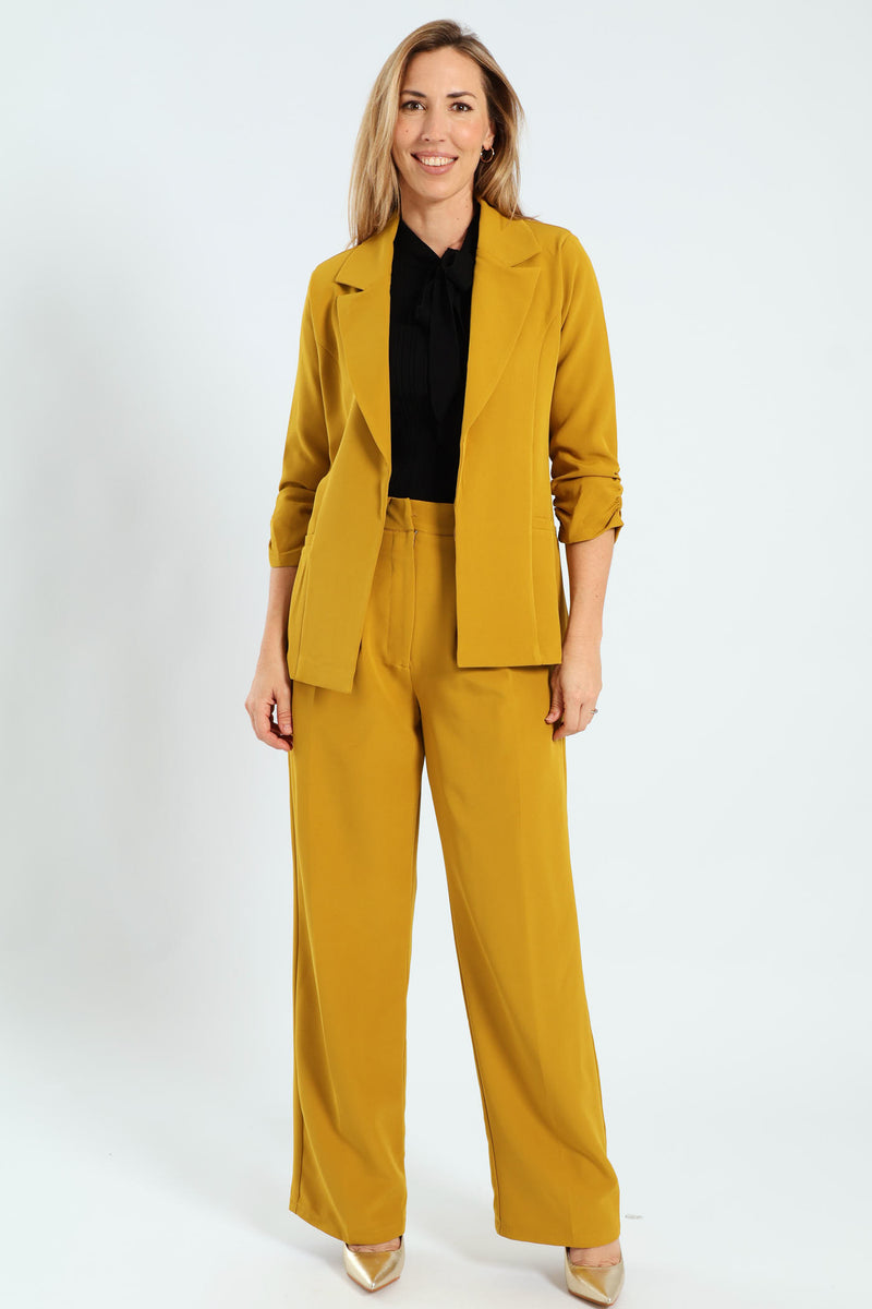 Notch Collar Gauged Sleeve Blazer - Mustard