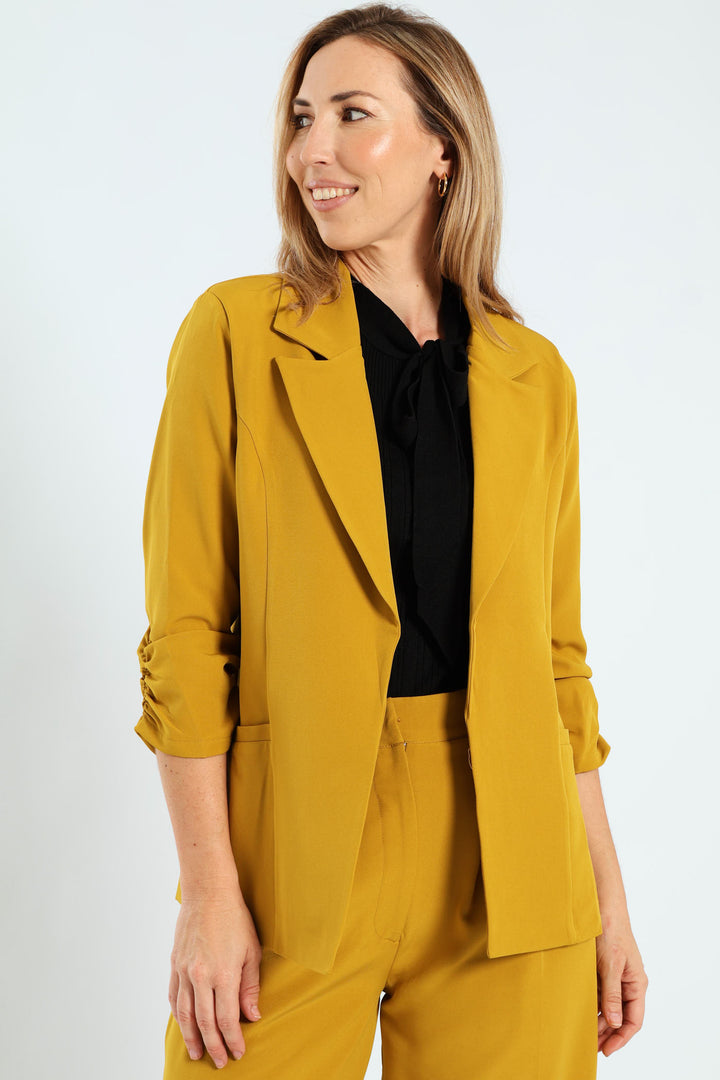 Notch Collar Gauged Sleeve Blazer - Mustard