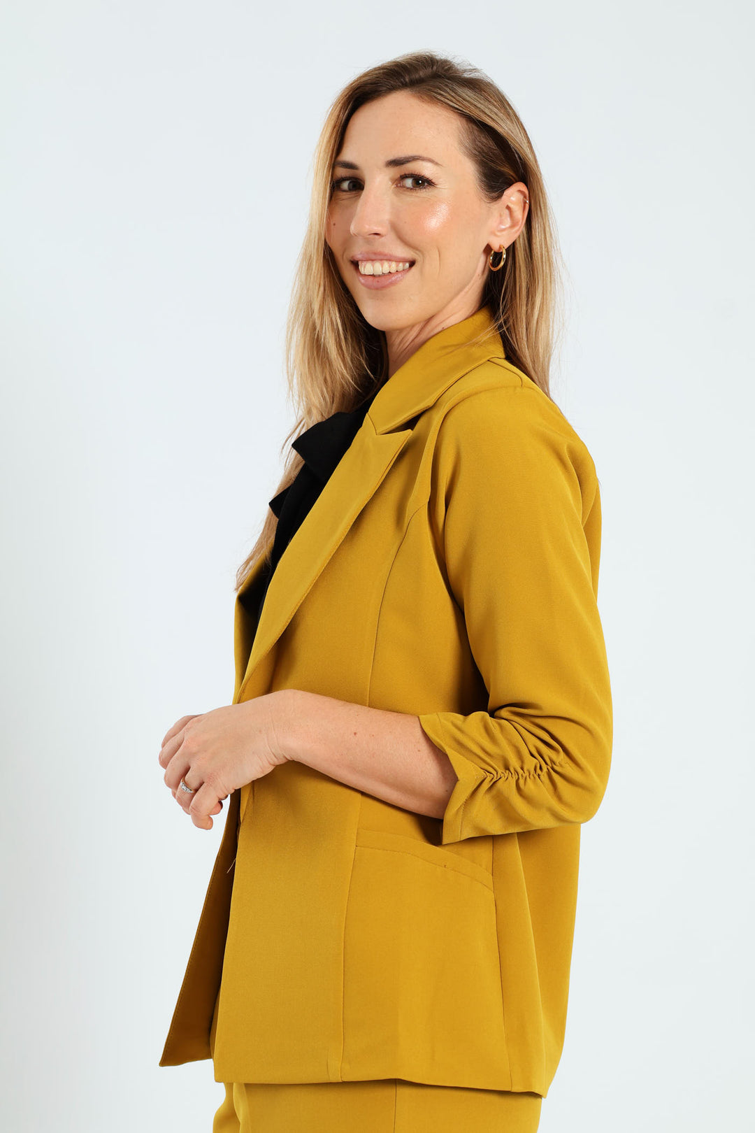Notch Collar Gauged Sleeve Blazer - Mustard