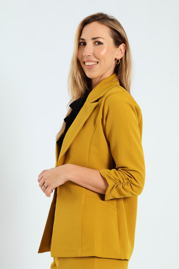 Notch Collar Gauged Sleeve Blazer - Mustard