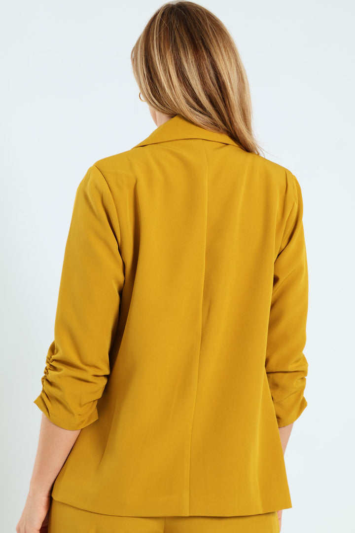 Notch Collar Gauged Sleeve Blazer - Mustard