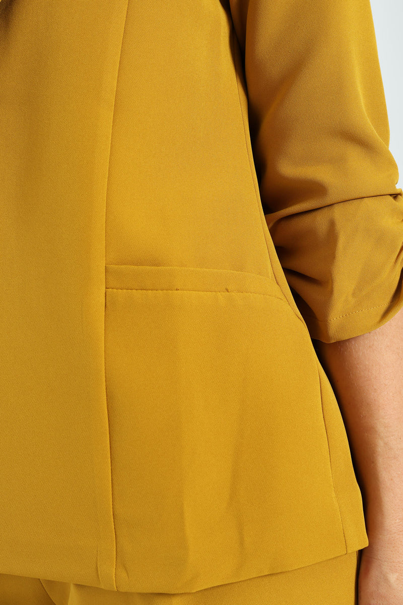 Notch Collar Gauged Sleeve Blazer - Mustard