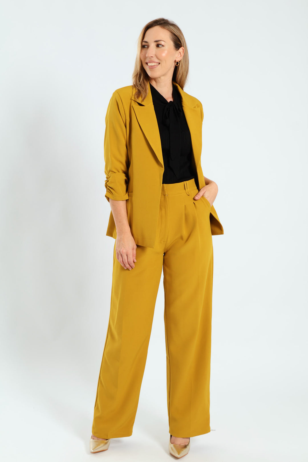 Pleated Belt Loop Wide Leg Pants - Mustard