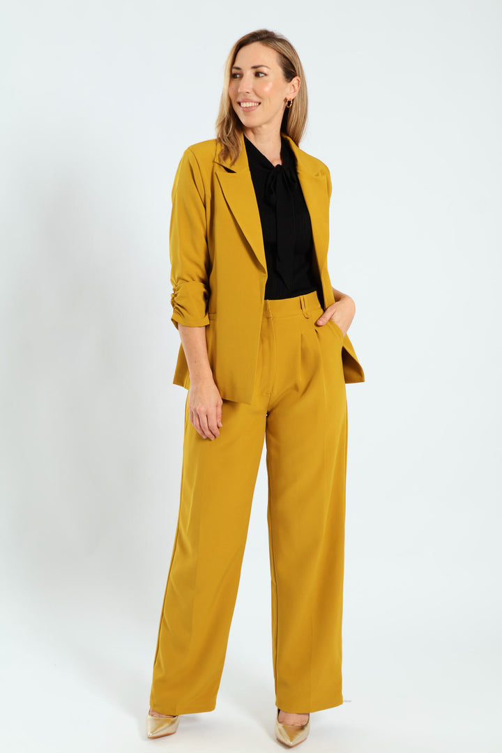 Pleated Belt Loop Wide Leg Pants - Mustard