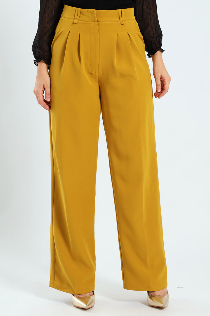 Pleated Belt Loop Wide Leg Pants - Mustard