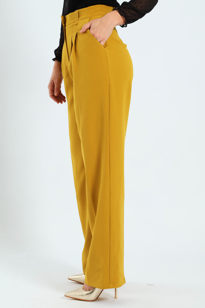 Pleated Belt Loop Wide Leg Pants - Mustard