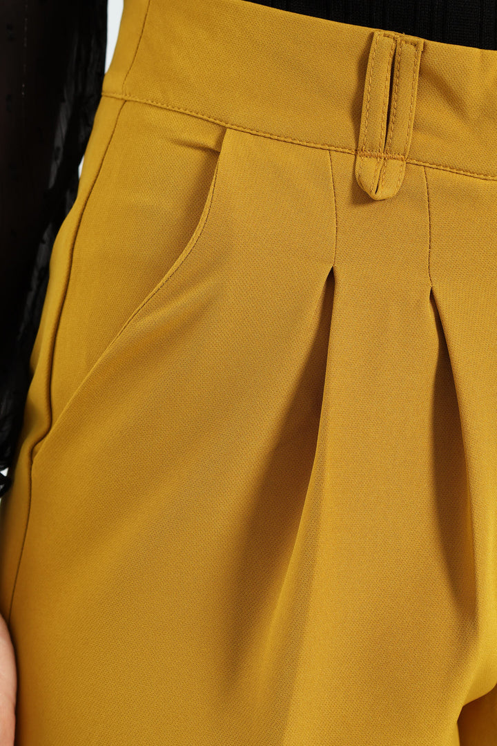 Pleated Belt Loop Wide Leg Pants - Mustard