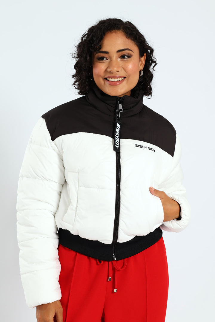 On My Way Puffer Jacket With Contrast Panels & Branding - Black/White