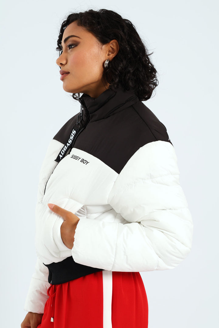 On My Way Puffer Jacket With Contrast Panels & Branding - Black/White