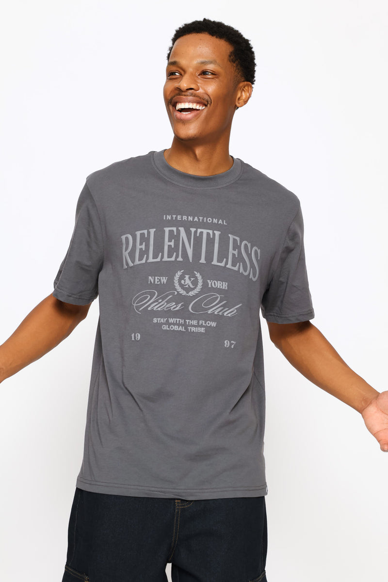 Relentless Puff Front Print Tee - Dark Grey
