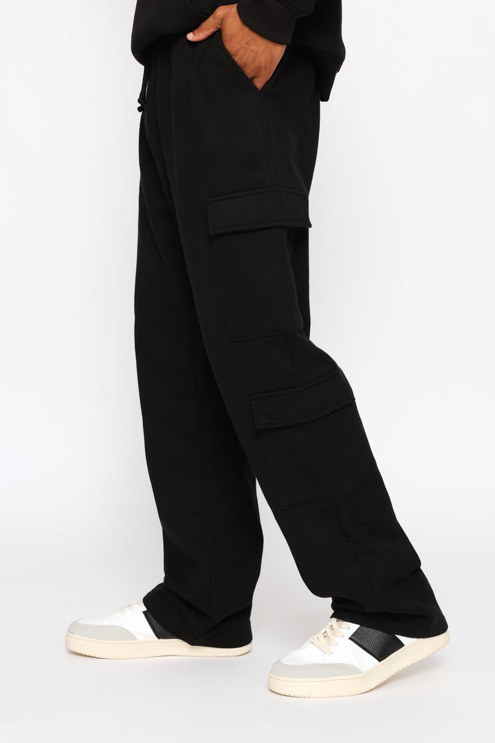 Straight Leg Multi Pocket Fleece Jogger  - Black