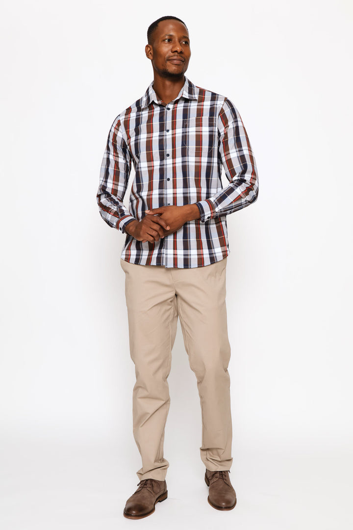 Long Sleeve Button Down Check Shirt - Brown/White