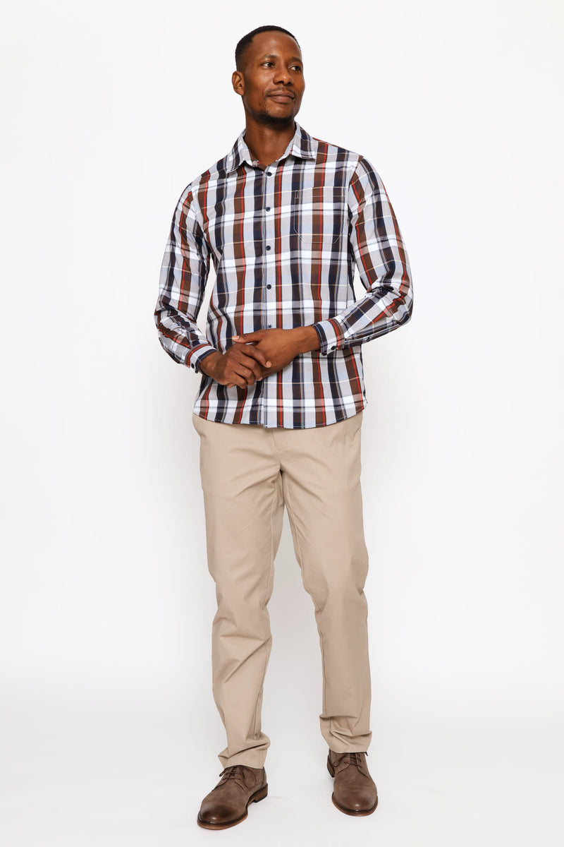 Long Sleeve Button Down Check Shirt - Brown/White
