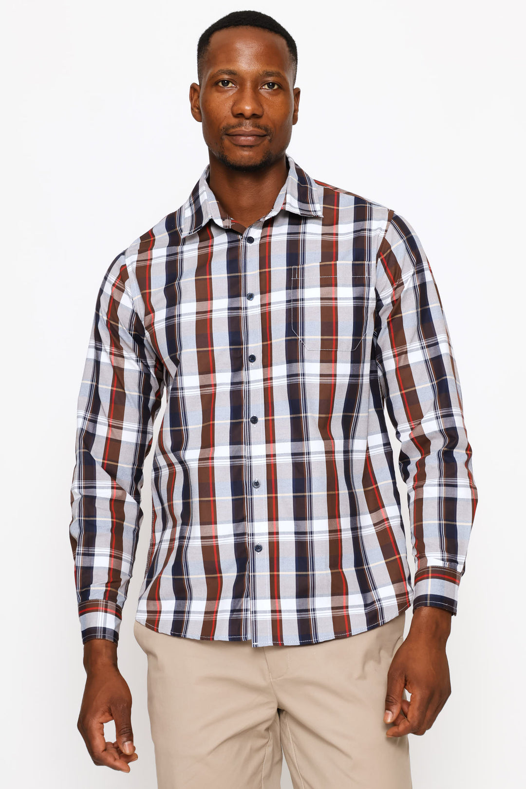 Long Sleeve Button Down Check Shirt - Brown/White