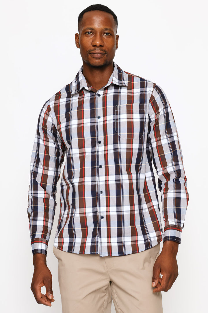 Long Sleeve Button Down Check Shirt - Brown/White