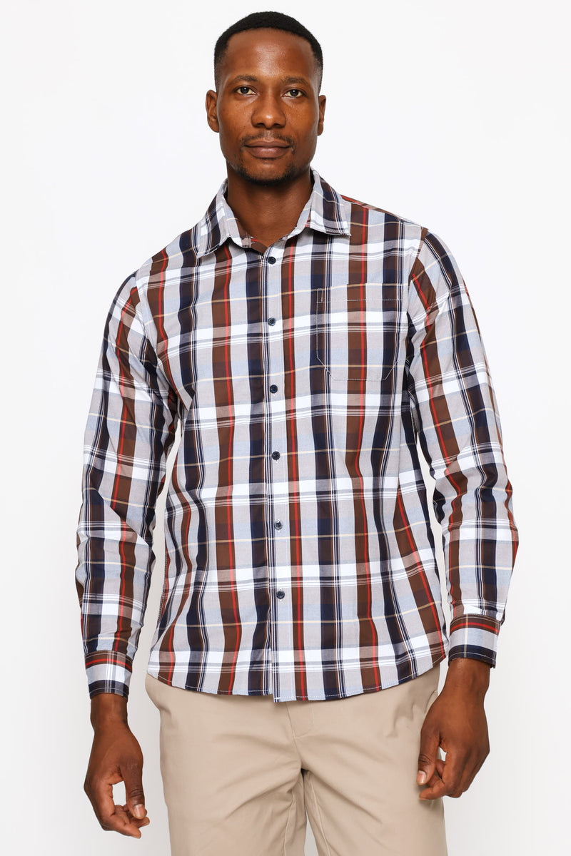 Long Sleeve Button Down Check Shirt - Brown/White