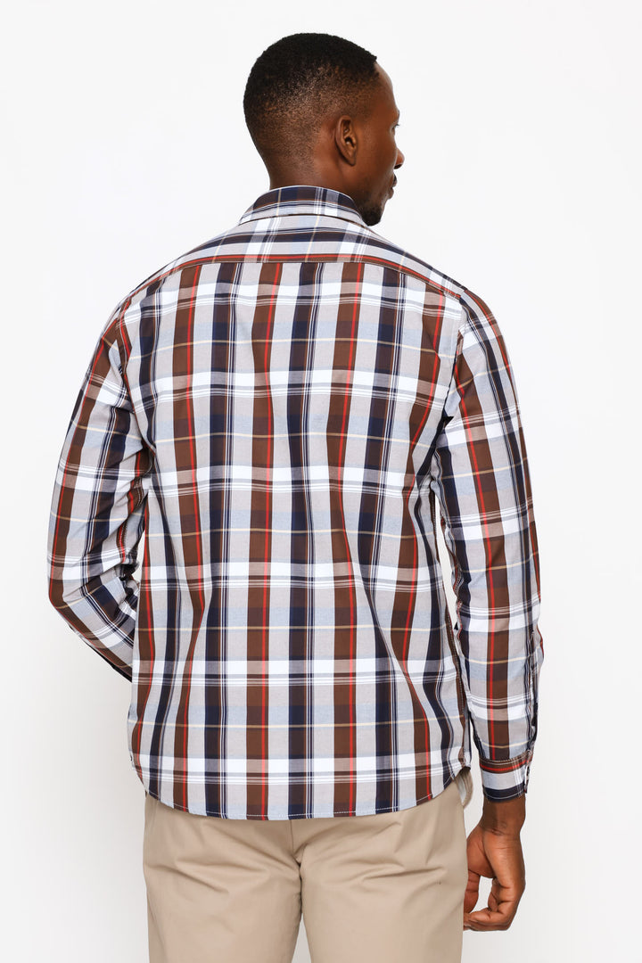 Long Sleeve Button Down Check Shirt - Brown/White