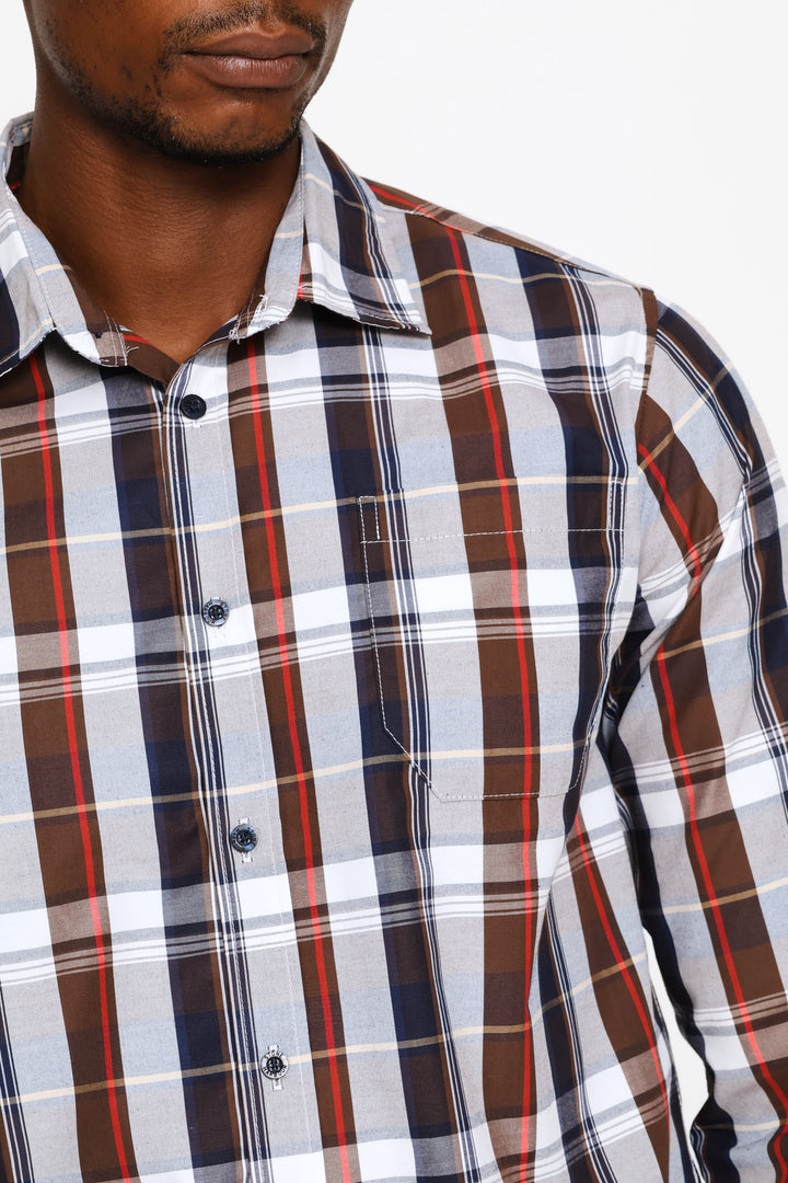 Long Sleeve Button Down Check Shirt - Brown/White