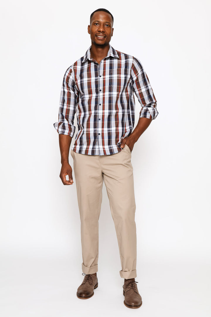 Long Sleeve Button Down Check Shirt - Brown/White
