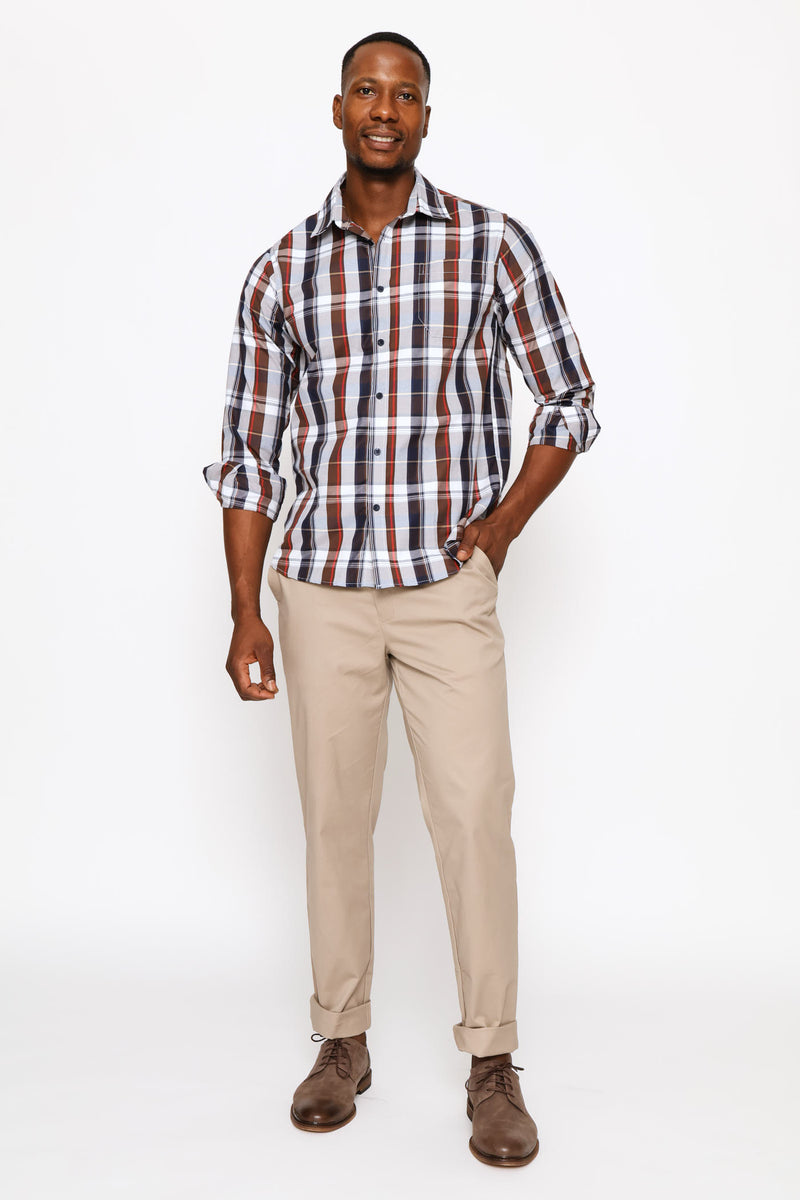 Long Sleeve Button Down Check Shirt - Brown/White
