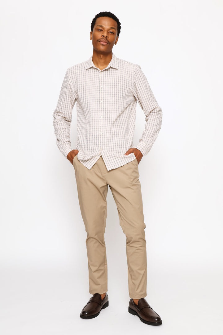 Long Sleeve Check Textured Shirt - Beige/White