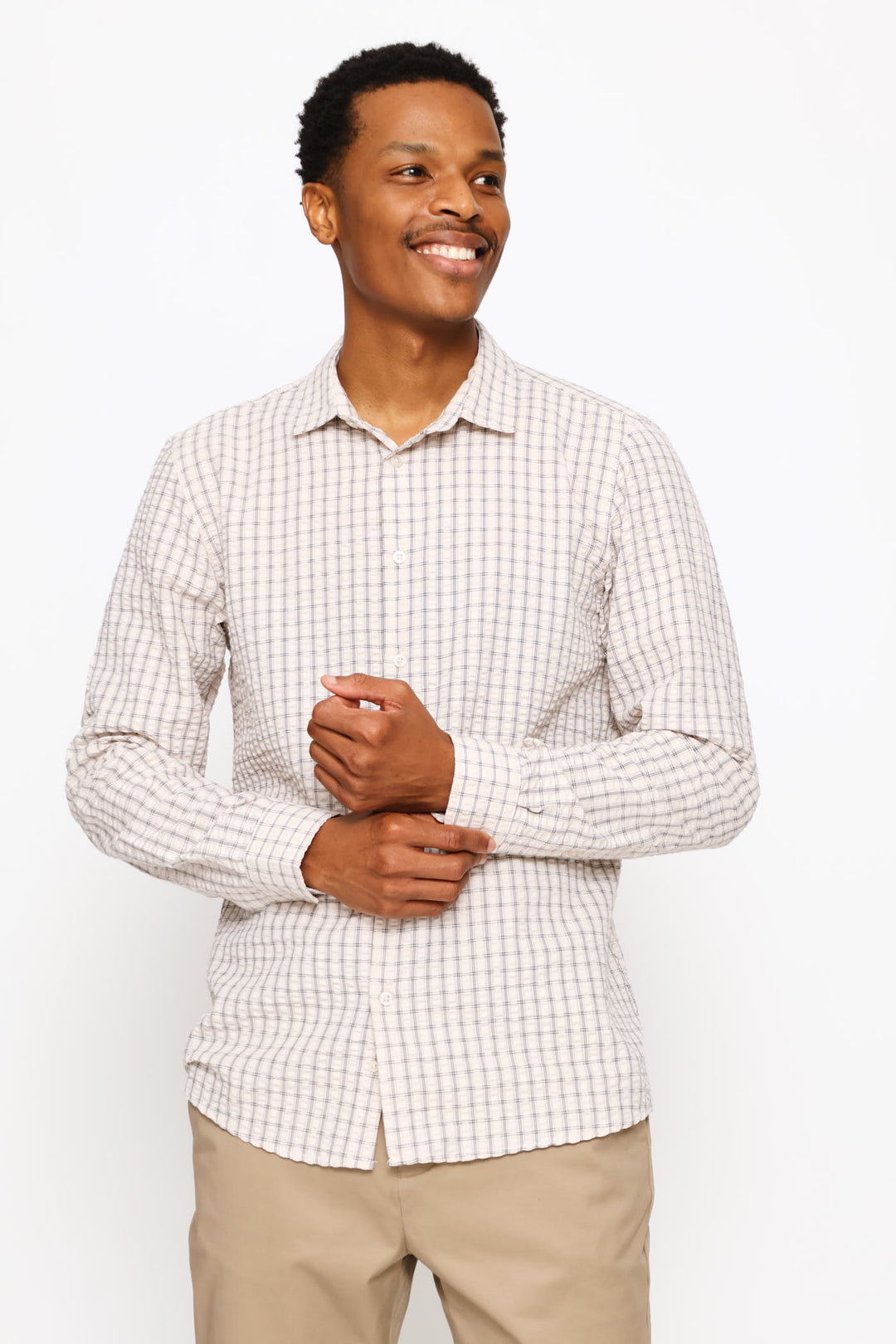 Long Sleeve Check Textured Shirt - Beige/White