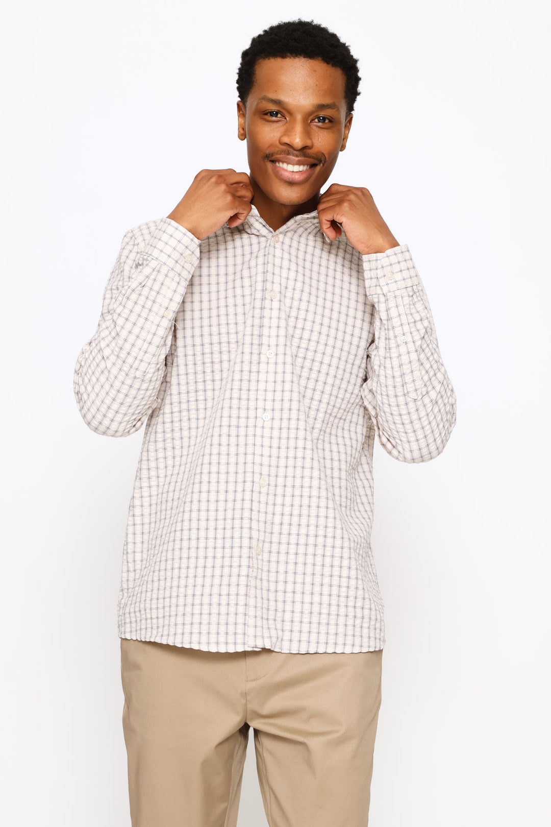 Long Sleeve Check Textured Shirt - Beige/White