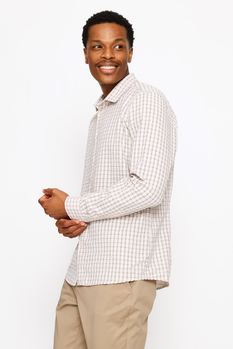 Long Sleeve Check Textured Shirt - Beige/White