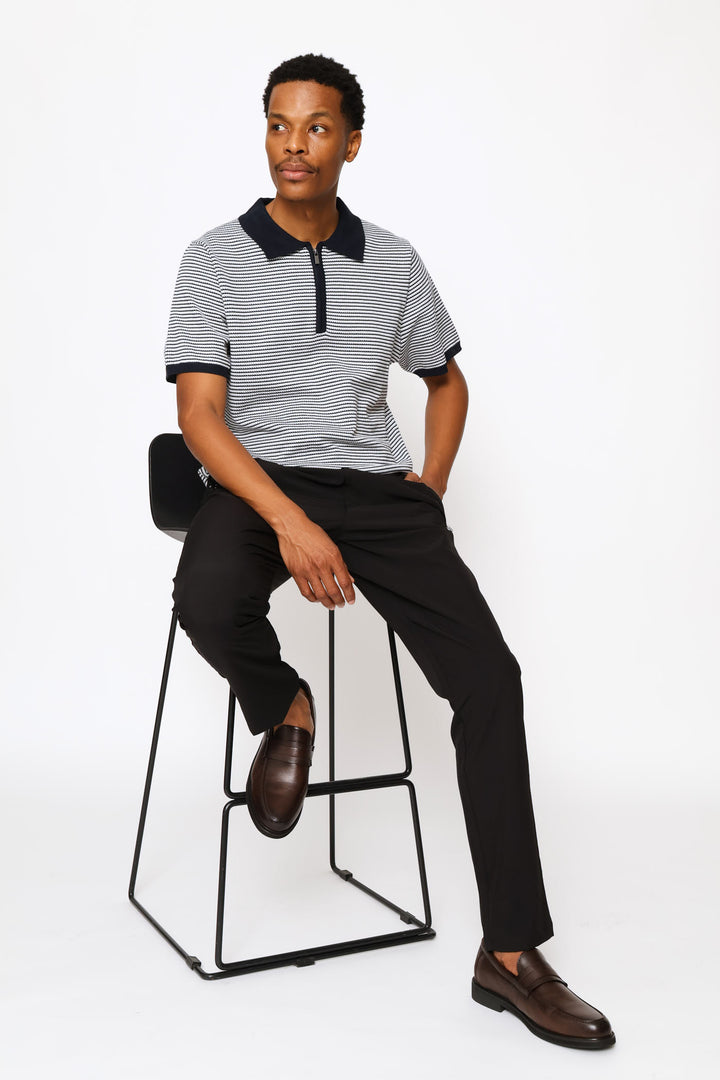 Two-Tone Stripe Textured Knit Button Golfer - White