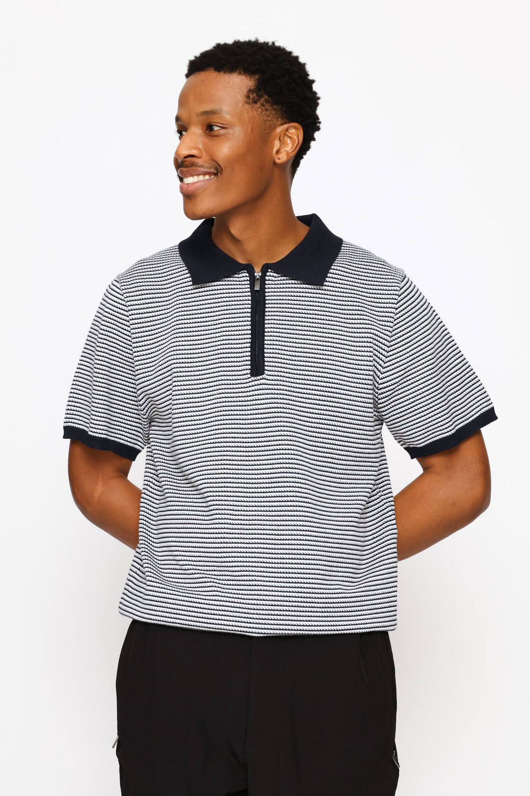 Two-Tone Stripe Textured Knit Button Golfer - White