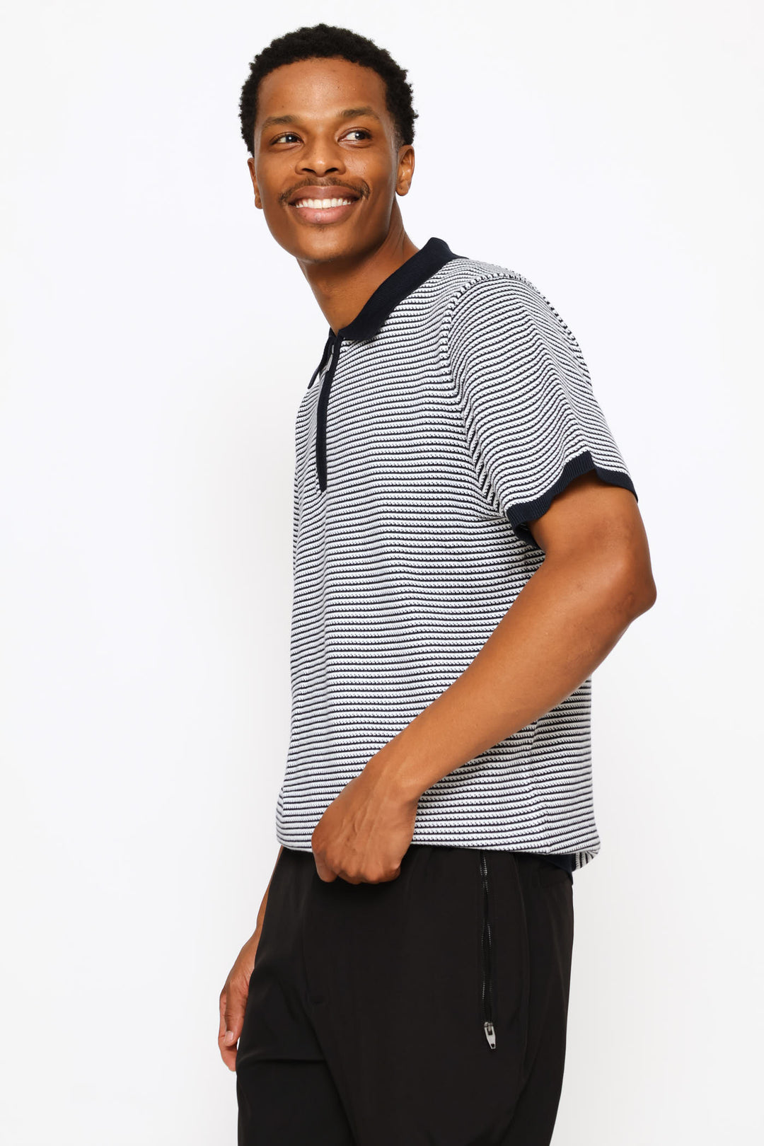 Two-Tone Stripe Textured Knit Button Golfer - White
