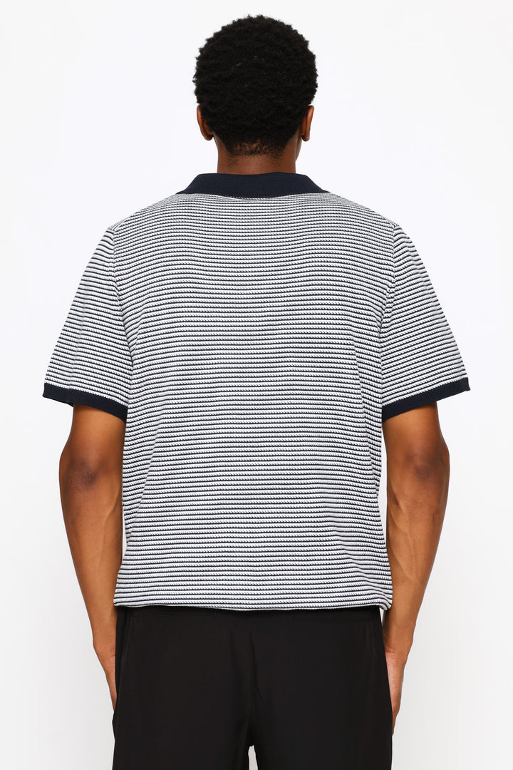 Two-Tone Stripe Textured Knit Button Golfer - White