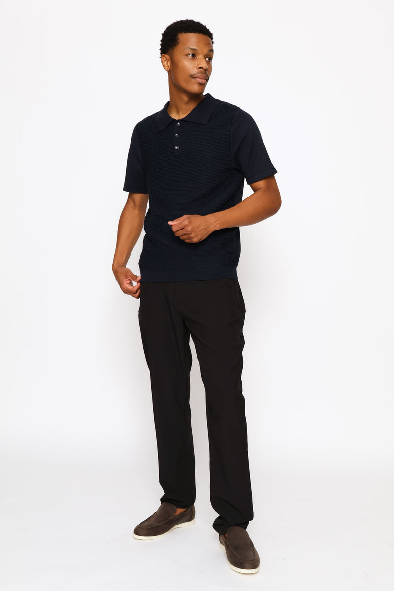 Tonal Stripe Textured Knit Button Golfer - Dark Navy