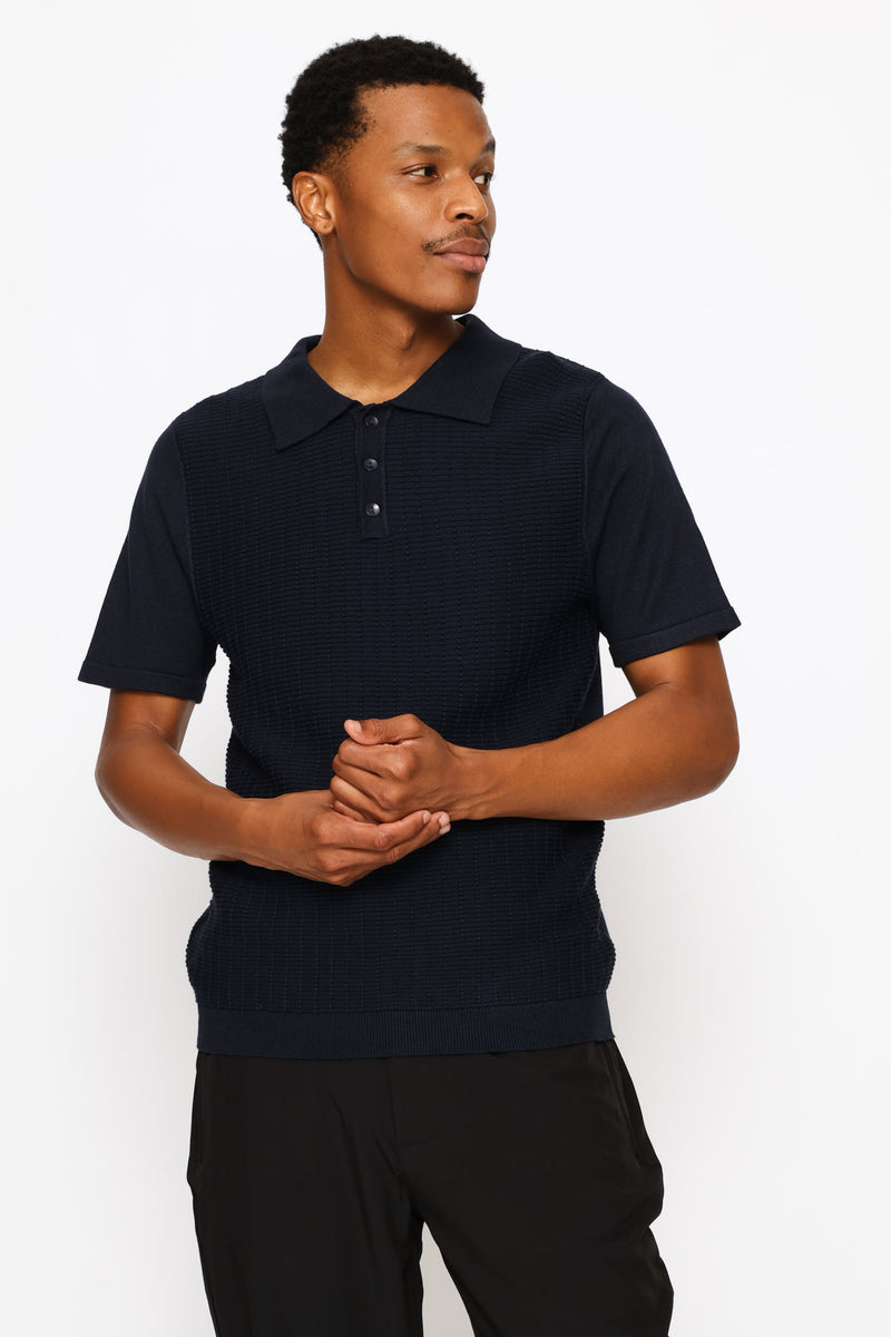 Tonal Stripe Textured Knit Button Golfer - Dark Navy