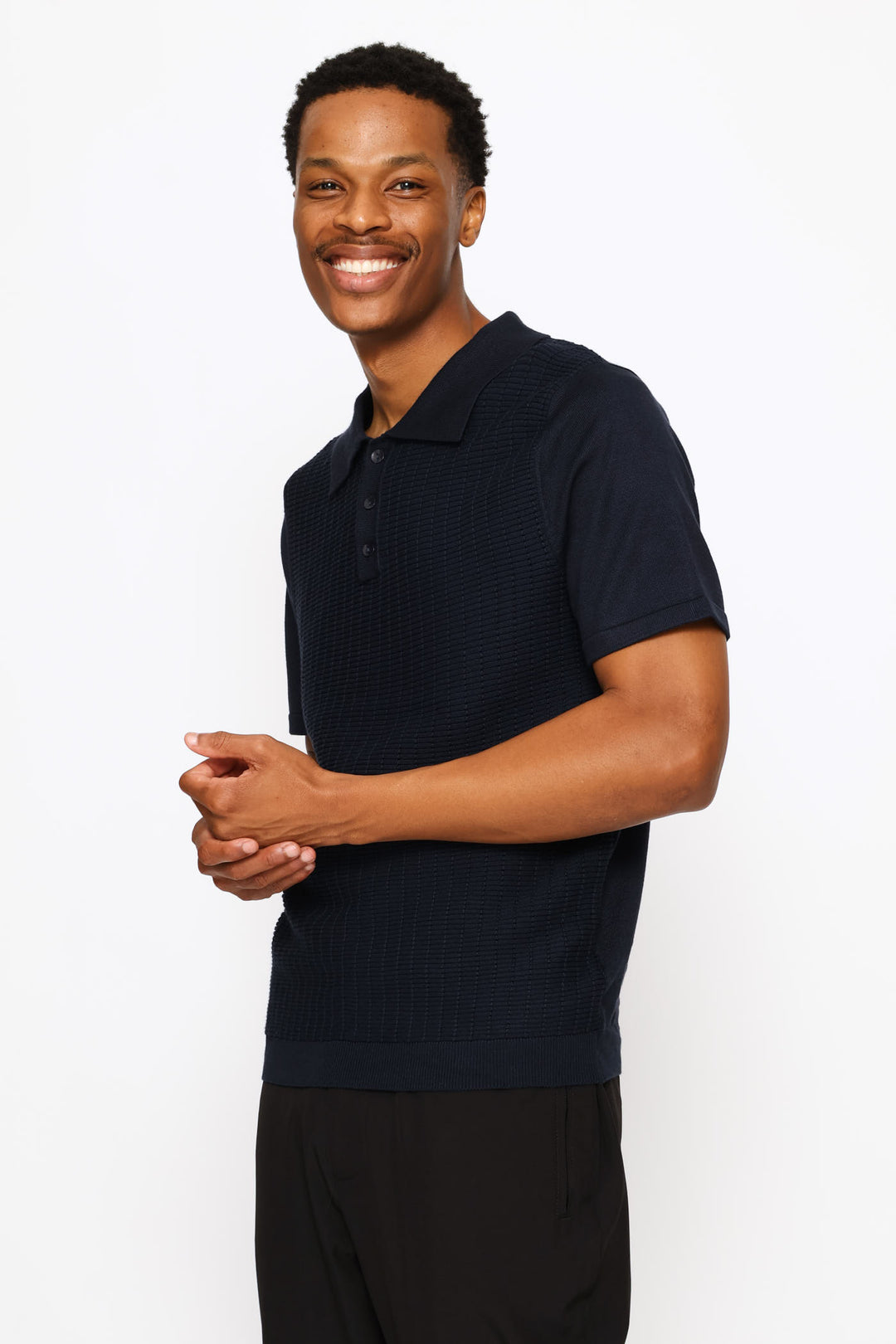 Tonal Stripe Textured Knit Button Golfer - Dark Navy