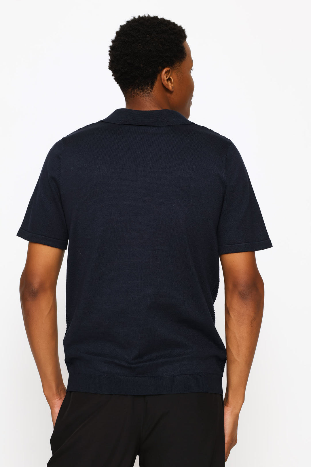 Tonal Stripe Textured Knit Button Golfer - Dark Navy