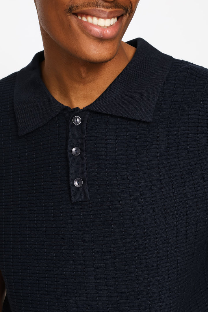 Tonal Stripe Textured Knit Button Golfer - Dark Navy