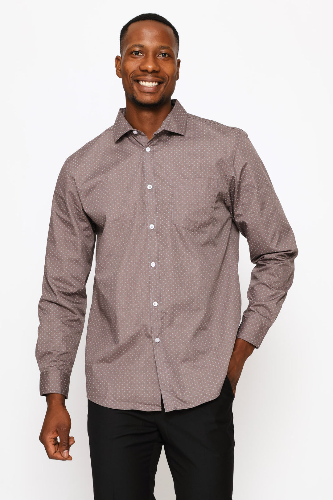 Regular Long Sleeve Ditsy Spotted Printed Shirt - Brown