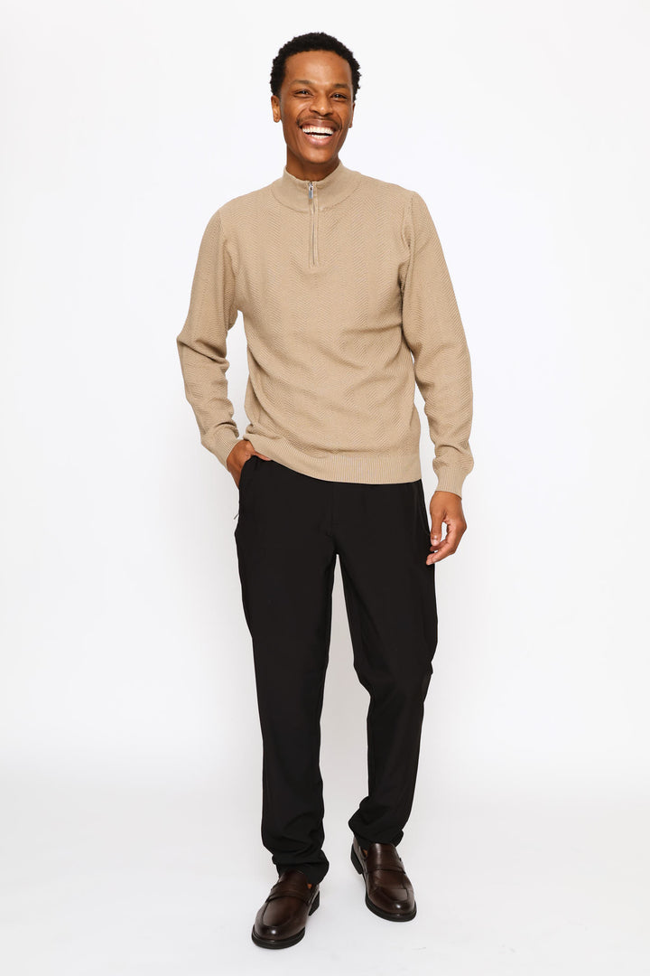 Long Sleeve Textured Weave Quarter Zip Pullover - Taupe Melange