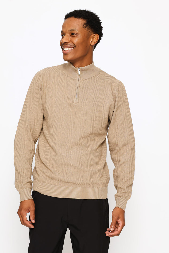 Long Sleeve Textured Weave Quarter Zip Pullover - Taupe Melange